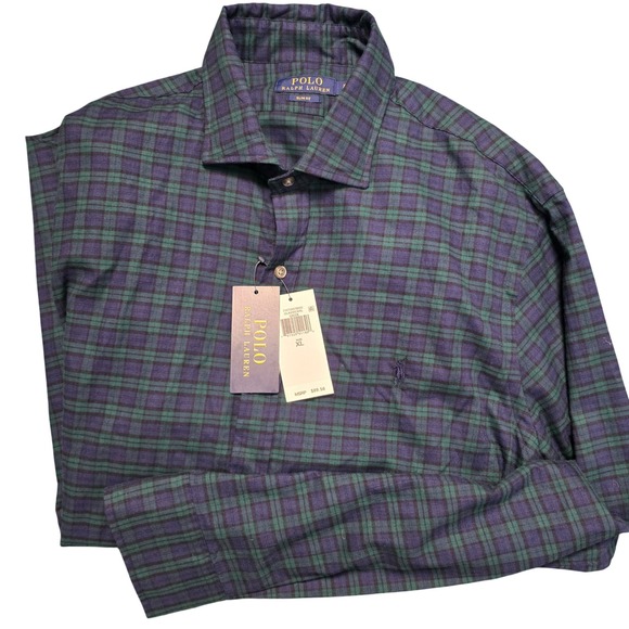 Polo Ralph Lauren Other - Polo Ralph Lauren Mens XL Slim Fit Black Watch Plaid Navy Blue‎ Green Shirt NWT